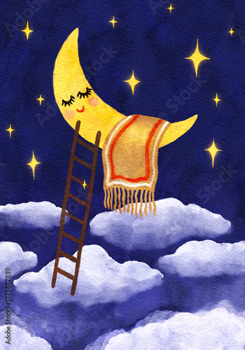 Cute crescent moon sleeping with blanket on clouds at night. Watercolor hand drawn illustration.