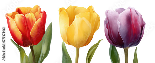 Three vibrant tulips in warm colors, showcasing a gradient of orange, yellow, and purple.  Detailed illustrations with petal detail and green leaves