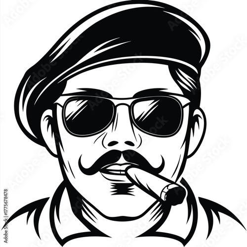 Bold outlined man wearing beret and sunglasses confidently smokes a cigar with a mustache