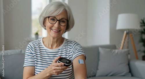 Smiling senior woman using continuous glucose monitor at home. Mature patient checking her blood sugar level with sensor and reader. Modern diabetes management concept