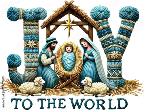 Watercolor Latch Hook Nativity Christmas Clipart Featuring Holy Family Baby Jesus Mary and Joseph Cozy Handcrafted Yarn Embroidery Texture Style Perfect for Holiday Cards Sublimation and Christian Art