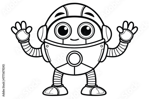 Cheerful cartoon robot character waves its hands while standing on white background