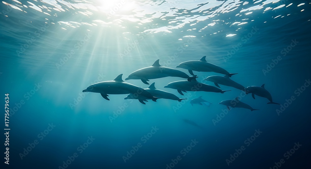 Obraz premium A pod of dolphins swimming together in the deep blue ocean under sunlight rays