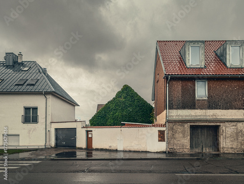 Gloomy European Street Scene with Weathered Buildings and Ivy