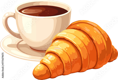Fresh brewed coffee with buttery croissant, warm breakfast scene symbolizing cozy mornings, comfort, relaxation and simple everyday pleasure