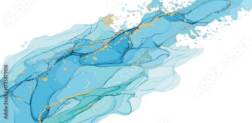 Abstract fluid art with swirling blue and teal watercolor textures and gold accents, artistic background