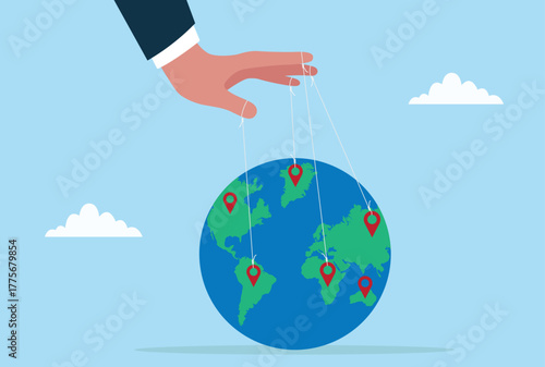 Vector illustration of a hand controlling a location pin on Earth with strings like a puppet, symbolizing global control, location tracking, data manipulation, navigation power, and digital influence
