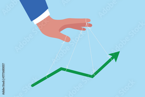 Vector illustration of a hand controlling an upward arrow with strings like a puppet, symbolizing market manipulation, controlled growth, business influence, financial control, and success management
