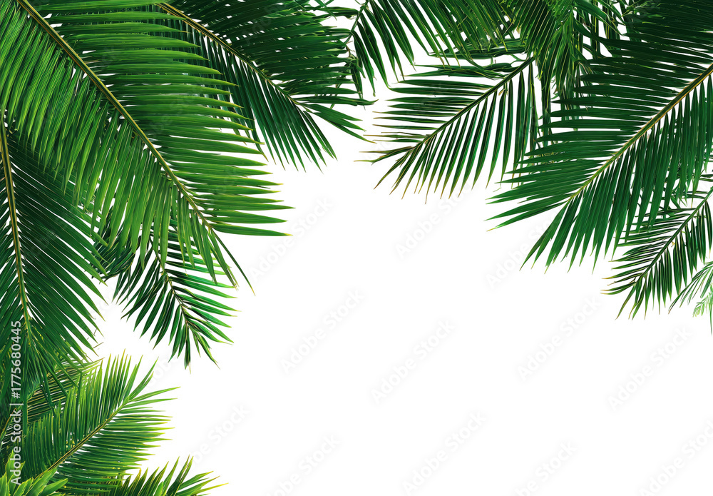 Obraz premium Close-up of vibrant tropical palm fronds, sharply detailed and brightly colored, framing a dark background
