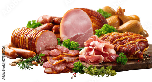 Assorted cured meats and poultry, sliced and arranged on a wooden board.  Fresh herbs and spices