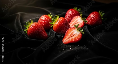 Freshly Picked Strawberries Displayed on a Luxurious Black Silk Surface