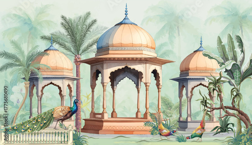 
Mughal garden peacocks and tropical plants  botanical landscape illustration. Vintage Indian Mughal architecture with botanical garden composition.