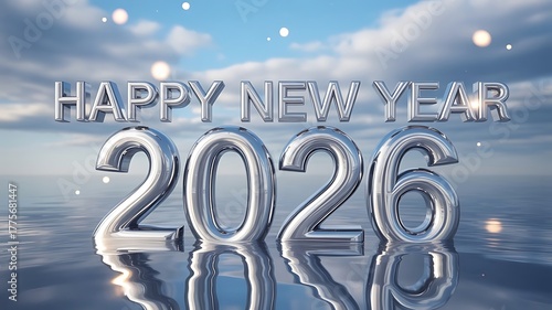 Wallpaper Mural Happy New Year 2026 Chrome Metallic 3D Text over Water Reflection with Sky Background Torontodigital.ca