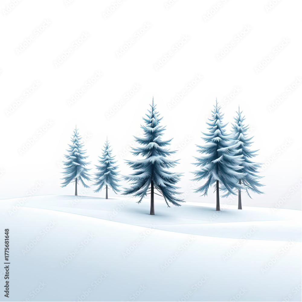 Fototapeta premium Minimalist winter wallpaper with clean white and pastel blue tones, stylized pine trees, and a snowfal subtle effects.eps