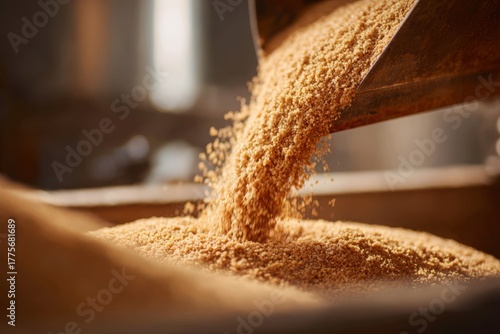 Close-up of spent grain being poured from a metal chute, a byproduct of brewing, filling a container in a brewery, emphasizing sustainable practice and resource management.