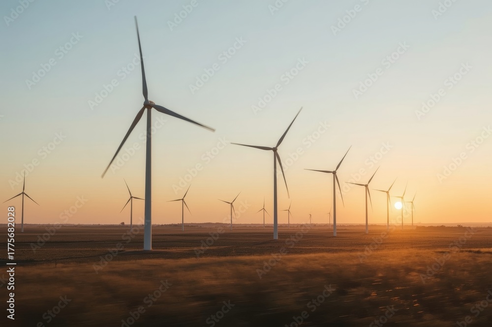 Obraz premium Wind turbines rotate gracefully at sunset over an open landscape