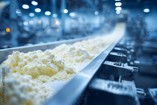 Automated food production line showcasing heaps of processed cheese powder on a conveyor belt, highlighting industrial food processing and dairy production efficiency.