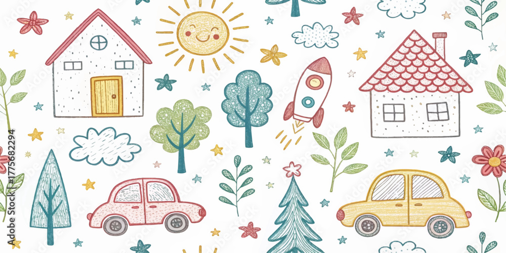 Naklejka premium Whimsical hand-drawn doodle seamless pattern with house, rainbow, rocket, flowers, clouds, sun, trees, stars, and car. Cute colorful kids sketch background for fabric, wallpaper, or stationery.