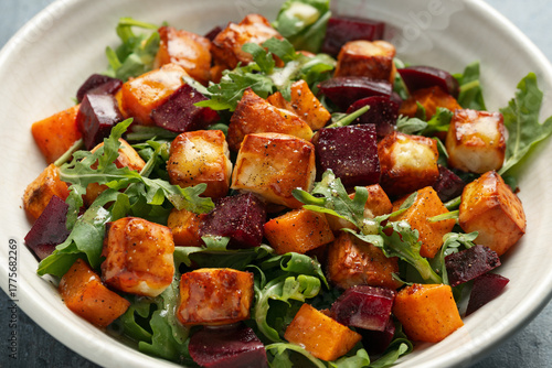 Halloumi, Sweet Potato, Beet Salad. Healthy Food.
