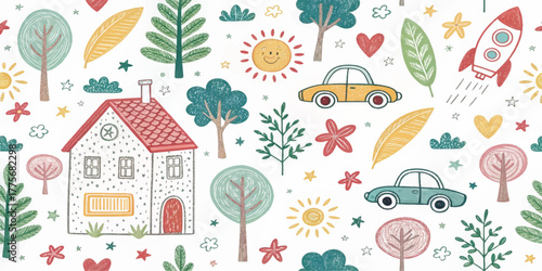 Adorable seamless kids pattern with pastel doodle style rainbow, clouds, flowers, trees, animals, and houses. Ideal for children’s , fabric, greeting cards, wrapping, and cute digital backgrounds.