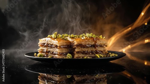 Delectable slices of baklava arranged artistically on a black plate with steam and decorative lightings