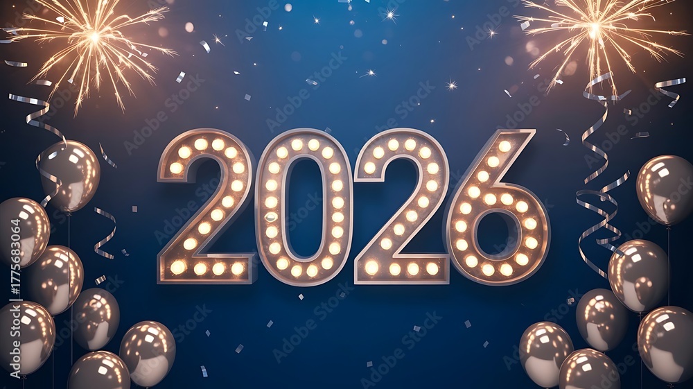 Fototapeta premium Happy New Year 2026 Celebration with Fireworks Balloons and Golden Lights