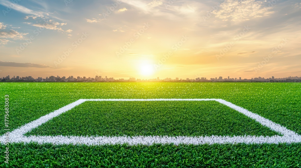 Obraz premium Lush Green Soccer Field in Twilight with Horizon and Vibrant Sunset Sky Over Urban Silhouette for Sports and Outdoor Themes