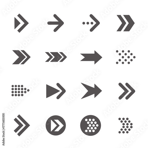 Diverse gray arrow variations point right, offering directional choices and navigation options clearly