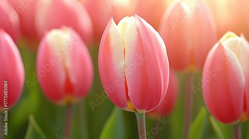 Beautiful pink tulip blossoms in soft sunlight surrounded by lush green leaves and blurred floral background in spring garden