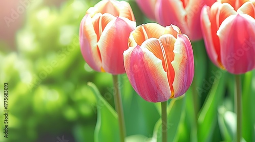 Fresh Pink Tulips Blooming in a Sunlit Garden with Soft Green Foliage Background Creating a Serene Spring Atmosphere