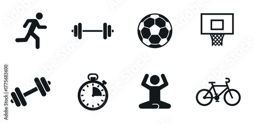 Fitness and sports icon set featuring running, weightlifting, soccer, and cycling for health and wellness designs