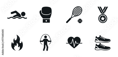 Sports and fitness icon set featuring swimming boxing tennis and more for print design