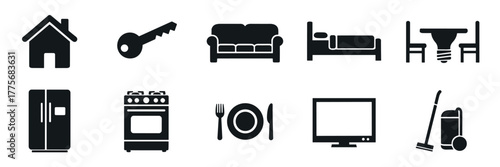 Home essentials icon set featuring house, key, furniture, and appliances for design and print projects