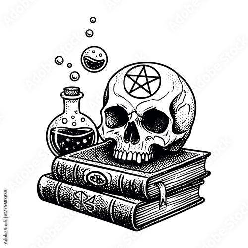 Gothic alchemy elements featuring skull, potion, and ancient books for halloween or fantasy themes