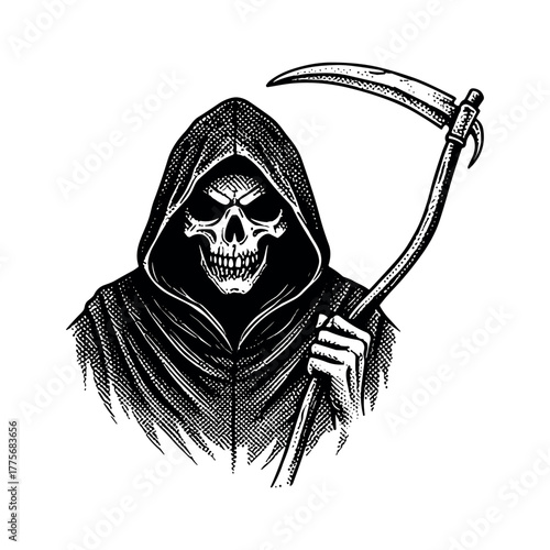Grim reaper icon with scythe in monochrome for halloween decoration and design inspiration