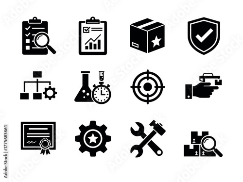 Business and analysis icon set featuring checklists, graphs, and tools for project management and development