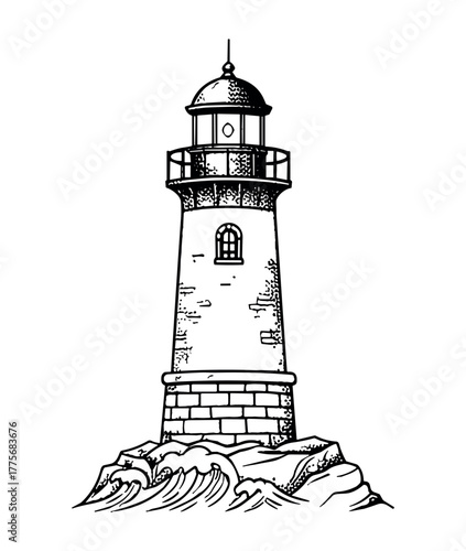 Nautical lighthouse illustration on rocky shore for maritime navigation and coastal design projects