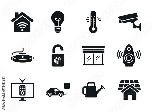 Smart home and security icon set featuring wifi, solar energy, electric car, and more for modern technology designs