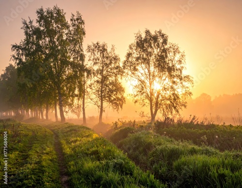 Wallpaper Mural spring landscape, morning and the first sun lights at sunrise in fog Torontodigital.ca