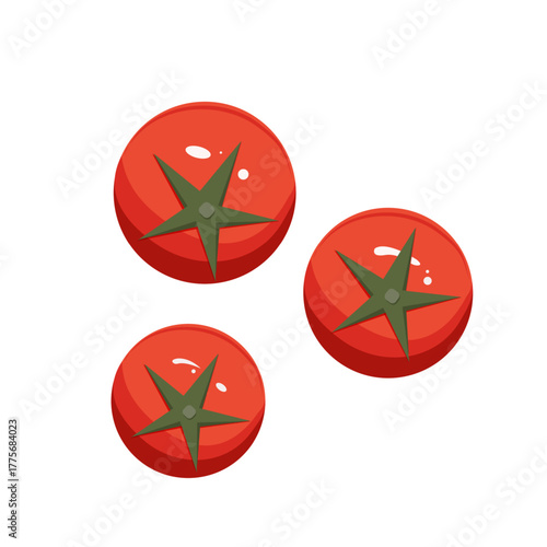 Red ripe cherry tomatos. Flat vector illustration. Top view. Culinary illustration, poster, organic gardening concept.