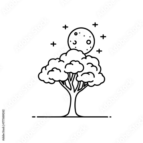 Minimalist line art illustration of a lonely tree under a starry night sky with a full moon