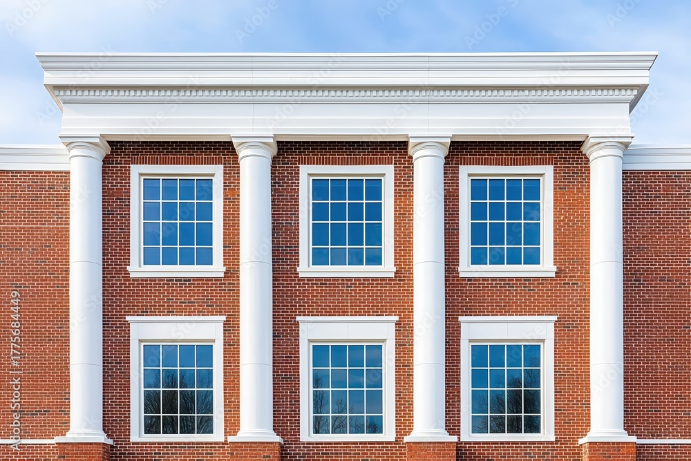Obraz premium Elegant brick building facade with tall columns and large windows against a bright blue sky for architectural inspiration and design