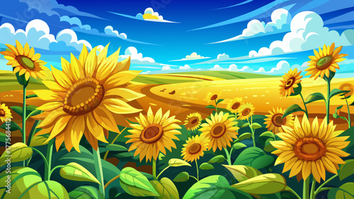 Very beautiful  close up sunflowers blooming under a bright sunny Midwestern sky in Kansas, USA, showcasing endless golden fields, blue horizon, and the warm charm of rural America.