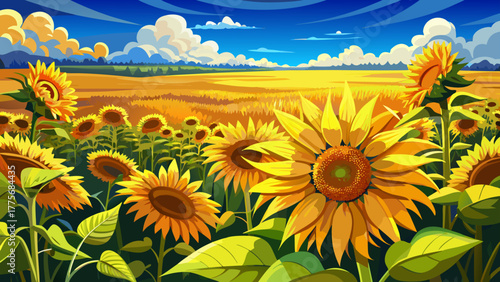 Very beautiful  close up sunflowers blooming under a bright sunny Midwestern sky in Kansas, USA, showcasing endless golden fields, blue horizon, and the warm charm of rural America.