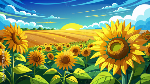 Very beautiful  close up sunflowers blooming under a bright sunny Midwestern sky in Kansas, USA, showcasing endless golden fields, blue horizon, and the warm charm of rural America.