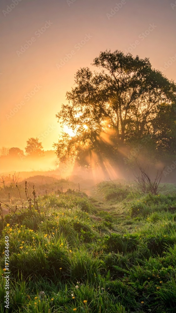 Fototapeta premium spring landscape, morning and the first sun lights at sunrise in fog