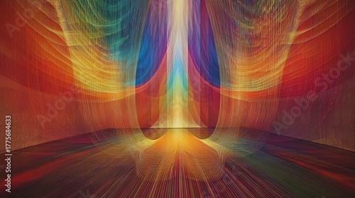 Diffraction grating spectra laser interference patterns rainbow light waves symmetrical projection colorful optical physics display room installation immersive visual