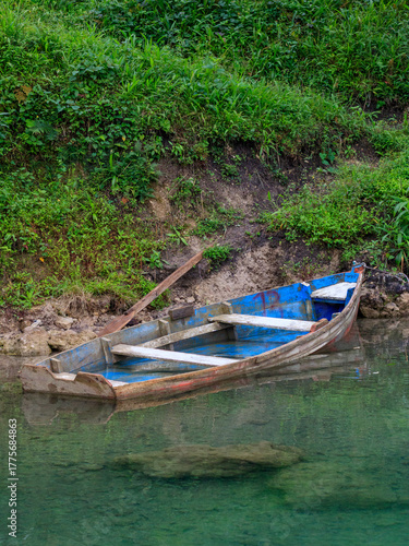Old wooden boat resting on a tranquil riverbank surrounded by green vegetation in the early morning light
