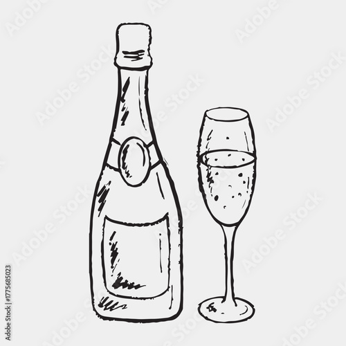Hand drawn champagne bottle and champagne glass. Vector sketch illustration in vintage crayon charcoal style. Alcohol drink degustation, holiday accessory, birthday celebration