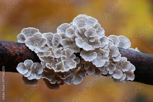 Close up of group of mushrooms Plicaturopsis crispa (crimped gill or crispling) on branch in forest